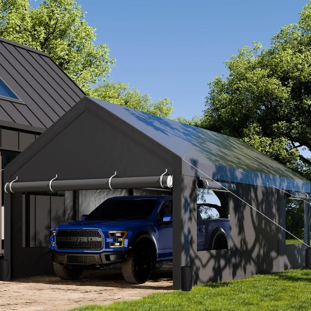 12x20 Ft Heavy Duty Carport with Roll-up Windows, Portable Garage with Removable Sidewalls & Doors, Sandbags and All-Season Tarp