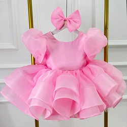 New satin luxury girl dress rose red bubble sleeve party clothing children's day performance clothing is suitable 0-12 years old