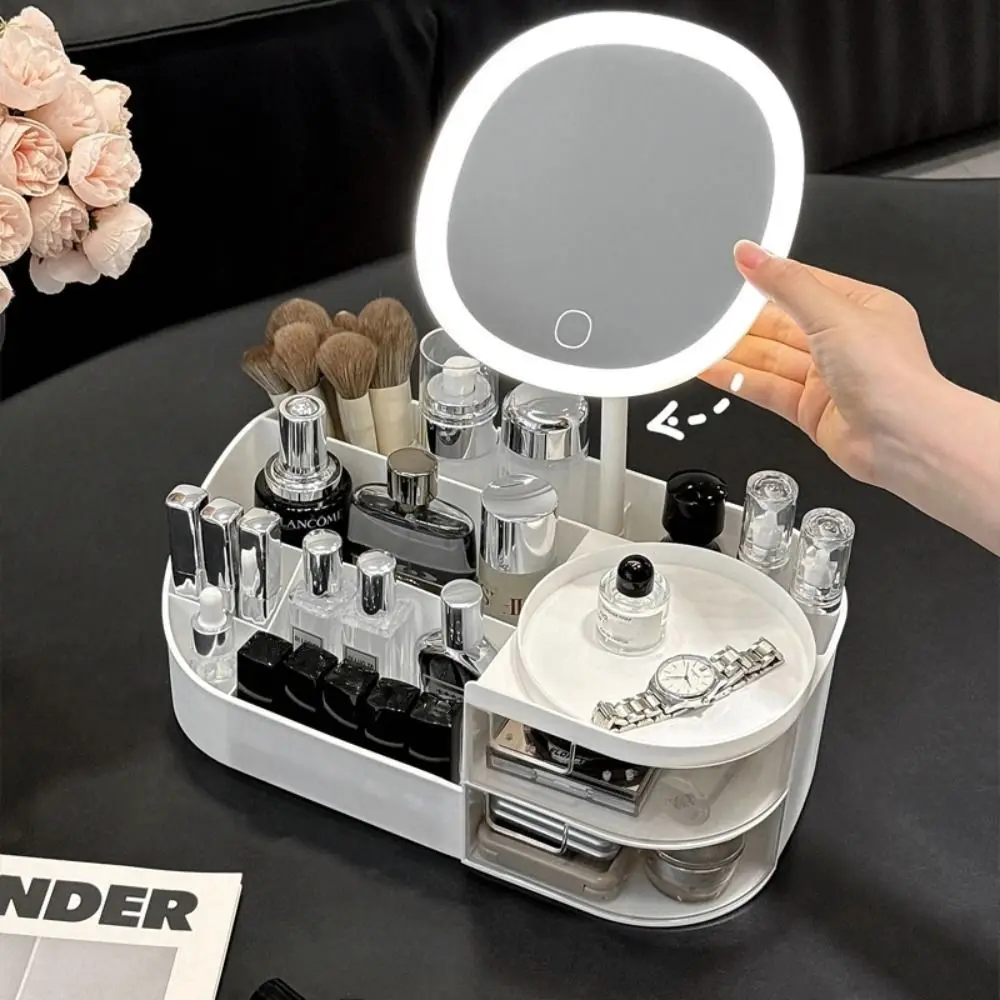 Portable Large Capacity Cosmetic Storage Box with LED Mirror Multi Grid Lipstick Organizer Desktop Storage Box