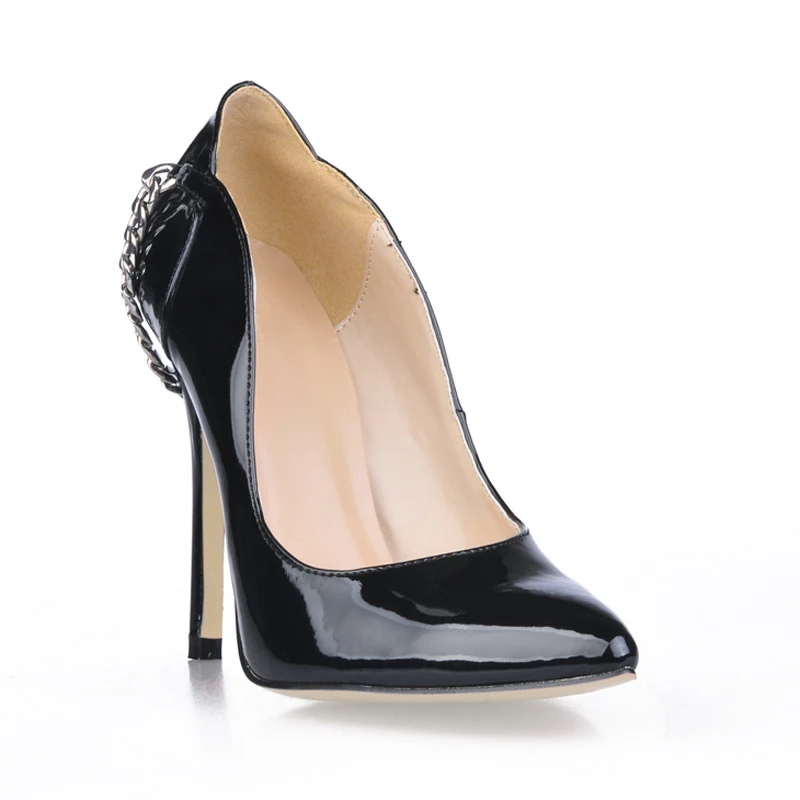 Catene posteriori in pelle verniciata nera nuda sexy Décolleté Tacchi alti sottili Punta a punta Slip On Scarpe singole Tacchi da banchetto da donna