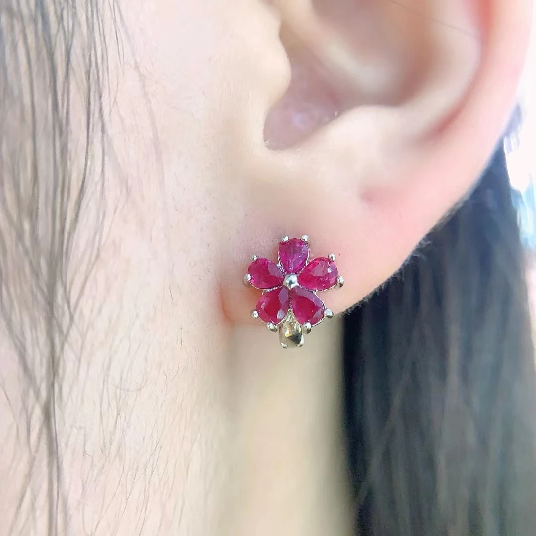 925 Silver Flower Stud Earrings for Daily Wear 3mm*4mm Total 1.2ct Heated Natural Ruby Earrings with 3 Layers 18K Gold Plated