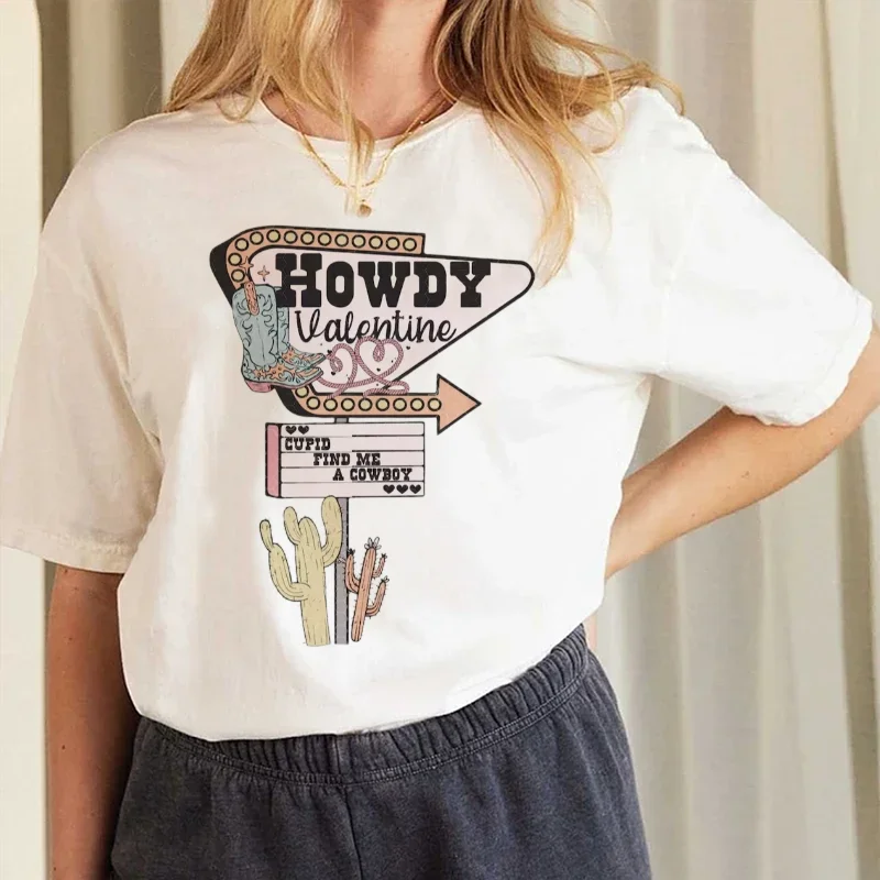 Pattern Fashion Street Printed Women's Cartoon T-Shirt Western Country Style T-Shirt Cute Top Casual Round Neck Women's T-Shirt