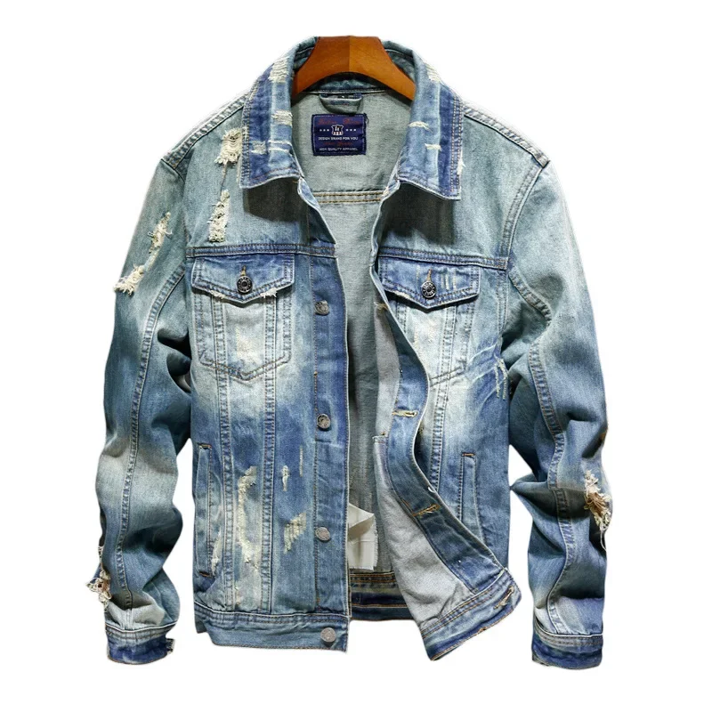 New Men\'s Retro Ripped Denim Jacket Fashion Washed Denim Top Outerwear