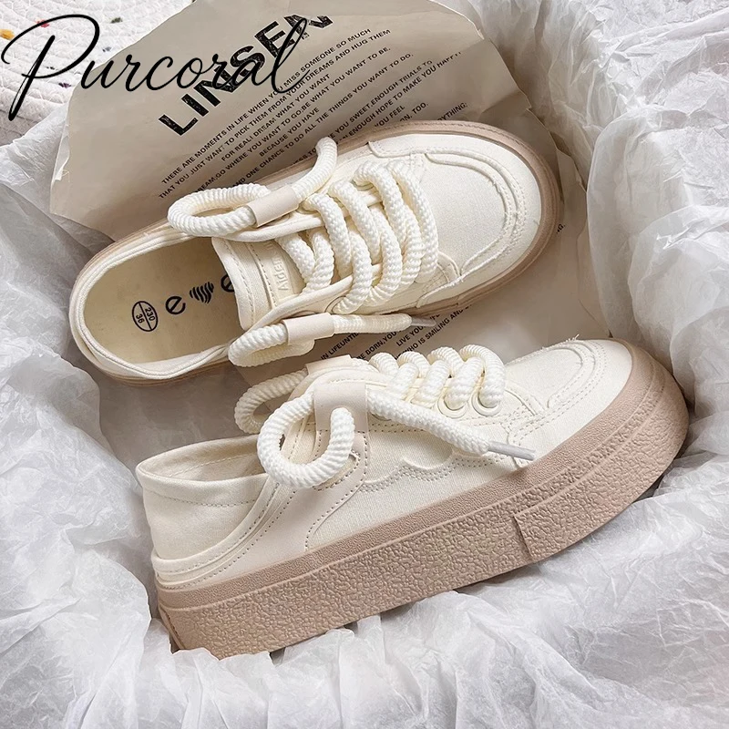 Purcoral Chunky Platform Canvas Shoes Women Thick Rope Lace Two-Wear Slip-On Casual Sneakers Street Style Zapatillas Femininas
