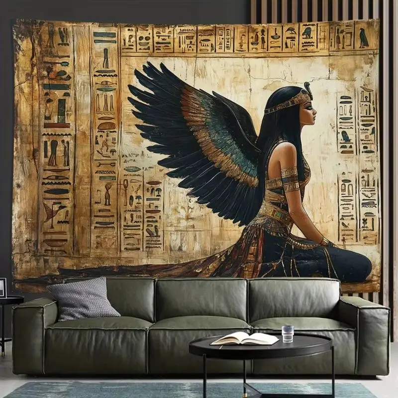 VIKAMA Ancient Egyptian Goddess Tapestry Hieroglyphs Winged Maat Wall Hanging Vintage Retro Decor for Bedroom Dorm