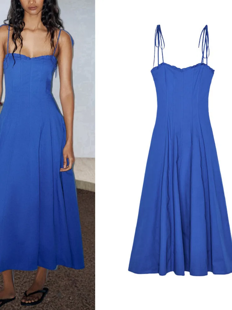 

Сексуальное летнее новое поступление, женское шелковое синее платье на бретельках с узлом Dr, дизайнерское платье Svel со средней талией