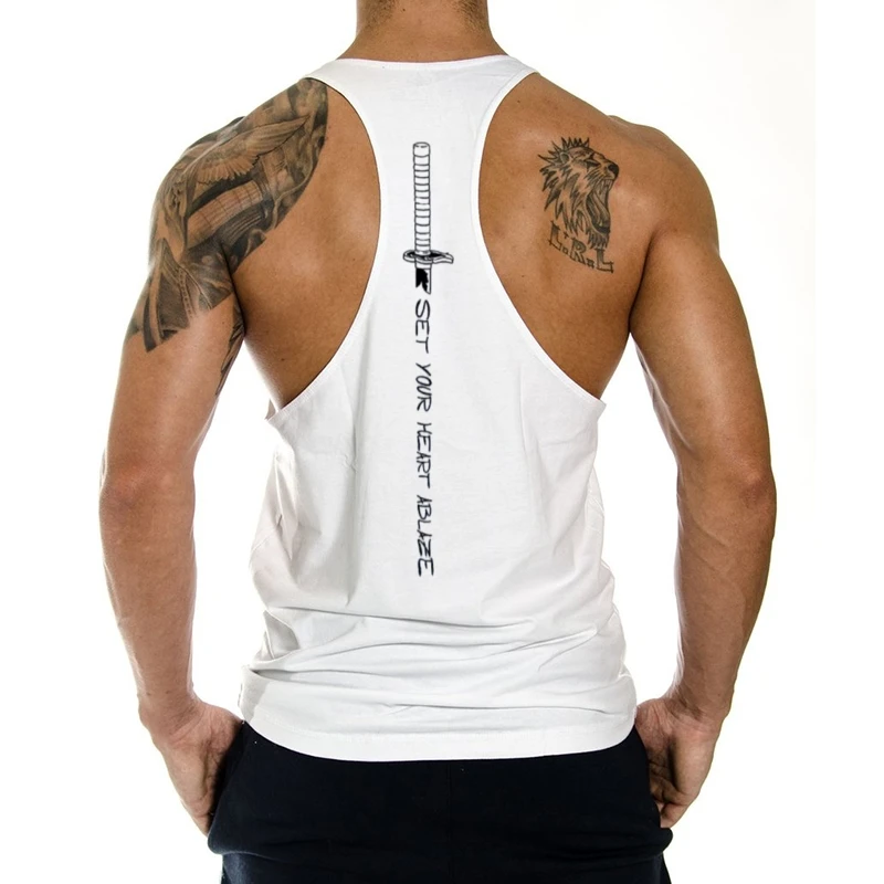 

2025 New Men's Stringer Gym Vest - Sword & Inspirational Text Graphic, Lightweight Cotton, Breathable for Bodybuilding