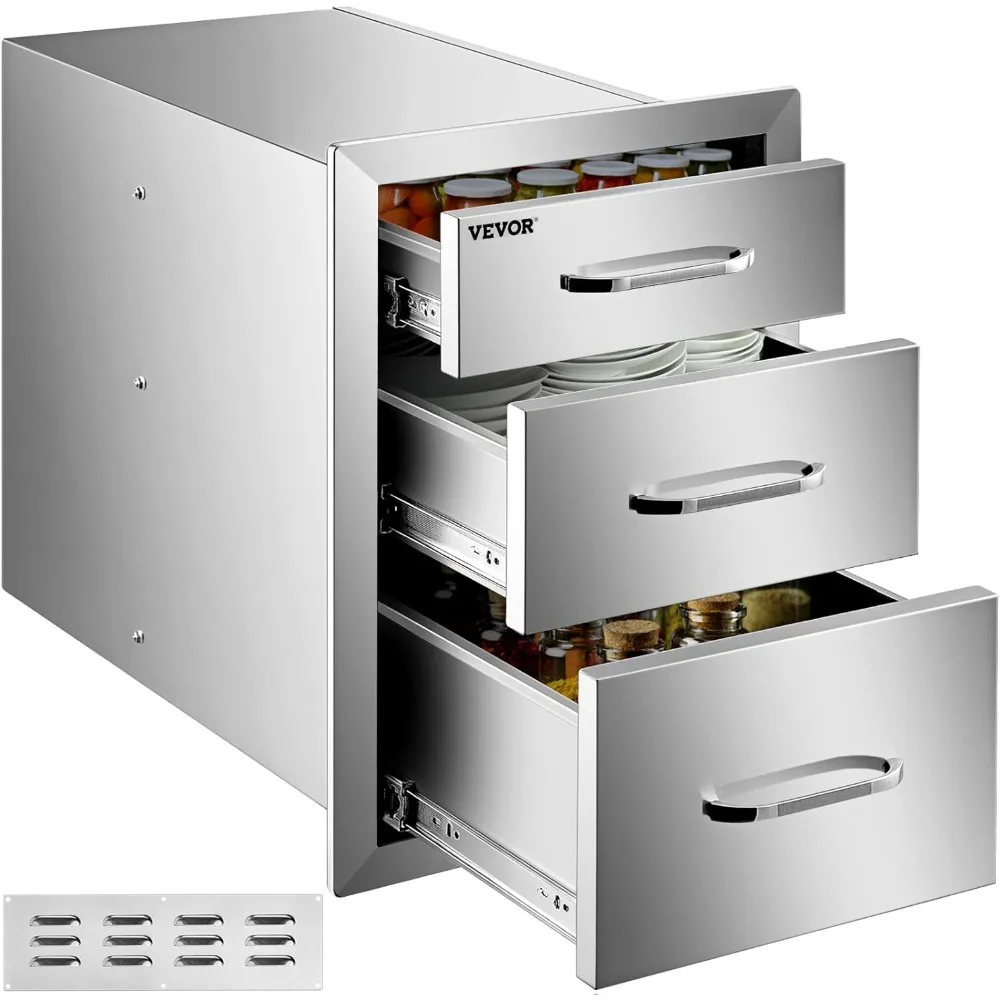 14x20.3 Inch Outdoor Kitchen Drawers Stainless Steel, Flush Mount Triple Drawers, 14W x 20.3H x 23D Inch