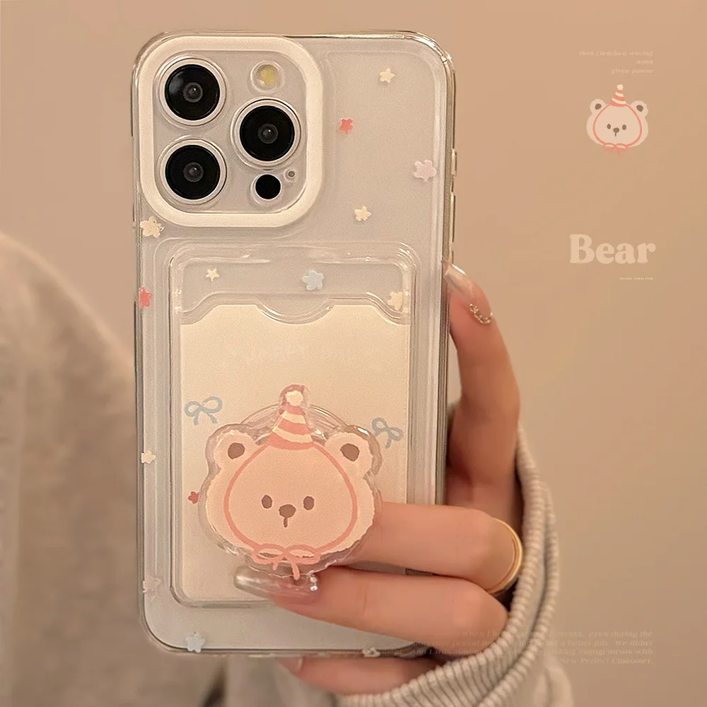 Lovely Cartoon Bear Card Package Phone Case With Stand Holder for iPhone 16 15 14 12 13 11 Pro Max 7 8Plus X XR Shockproof Cover