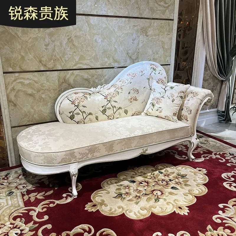 For French Fabric Embroidered Princess Chair European Luxury Beauty Couch Bedroom Neoclassical Solid Wood Recliner Lazy Chair