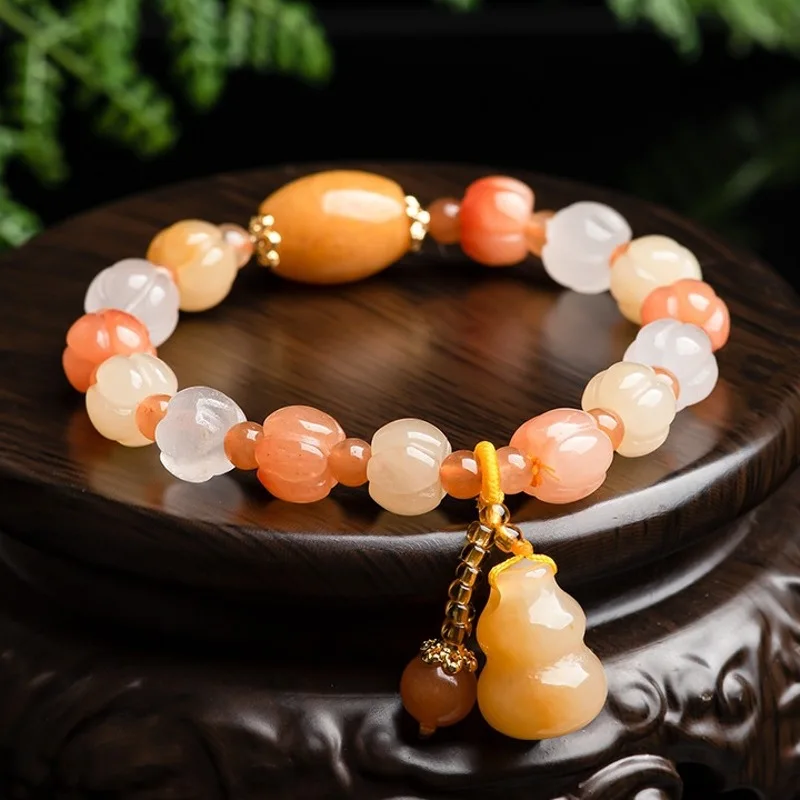 

Natural Jade Beaded Women Gift Lucky Gourd Yellow Oval Pumpkin Beads Bracelet