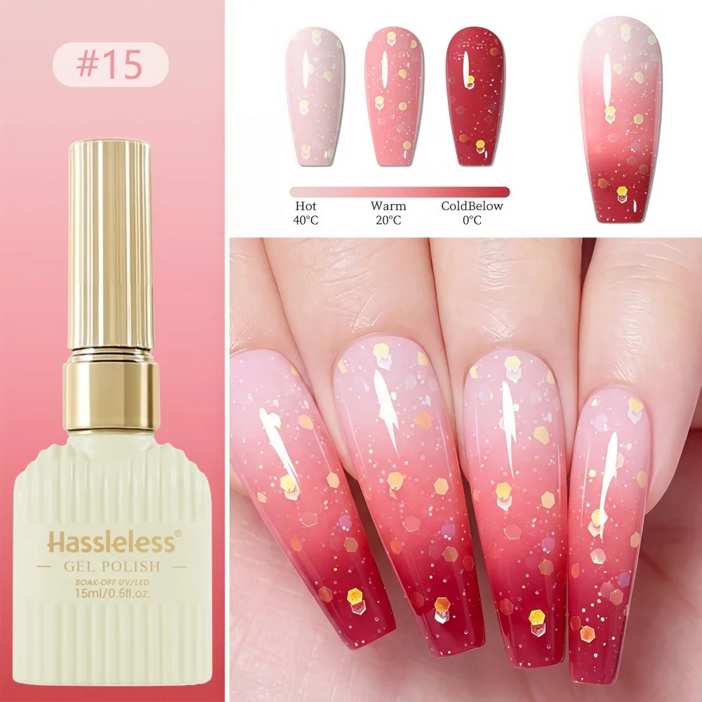 Hassleless Temperature Changing Nail Polish Gel 15ml Red Pink Gold Foil Glitter Gradient Color Changing Nail Gel Transparent Removable Nail Color Gel
