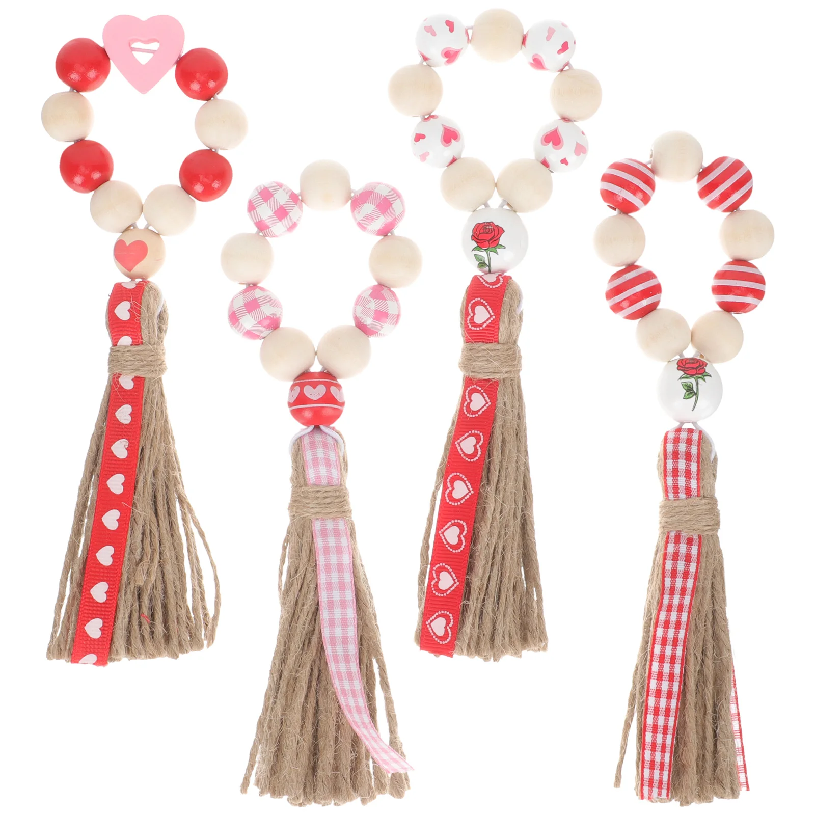 

4Pcs Wooden Beaded Napkin Rings with Tassel Classic Heart Design for Valentine Day Party Table Decoration Dining Home Kitchen