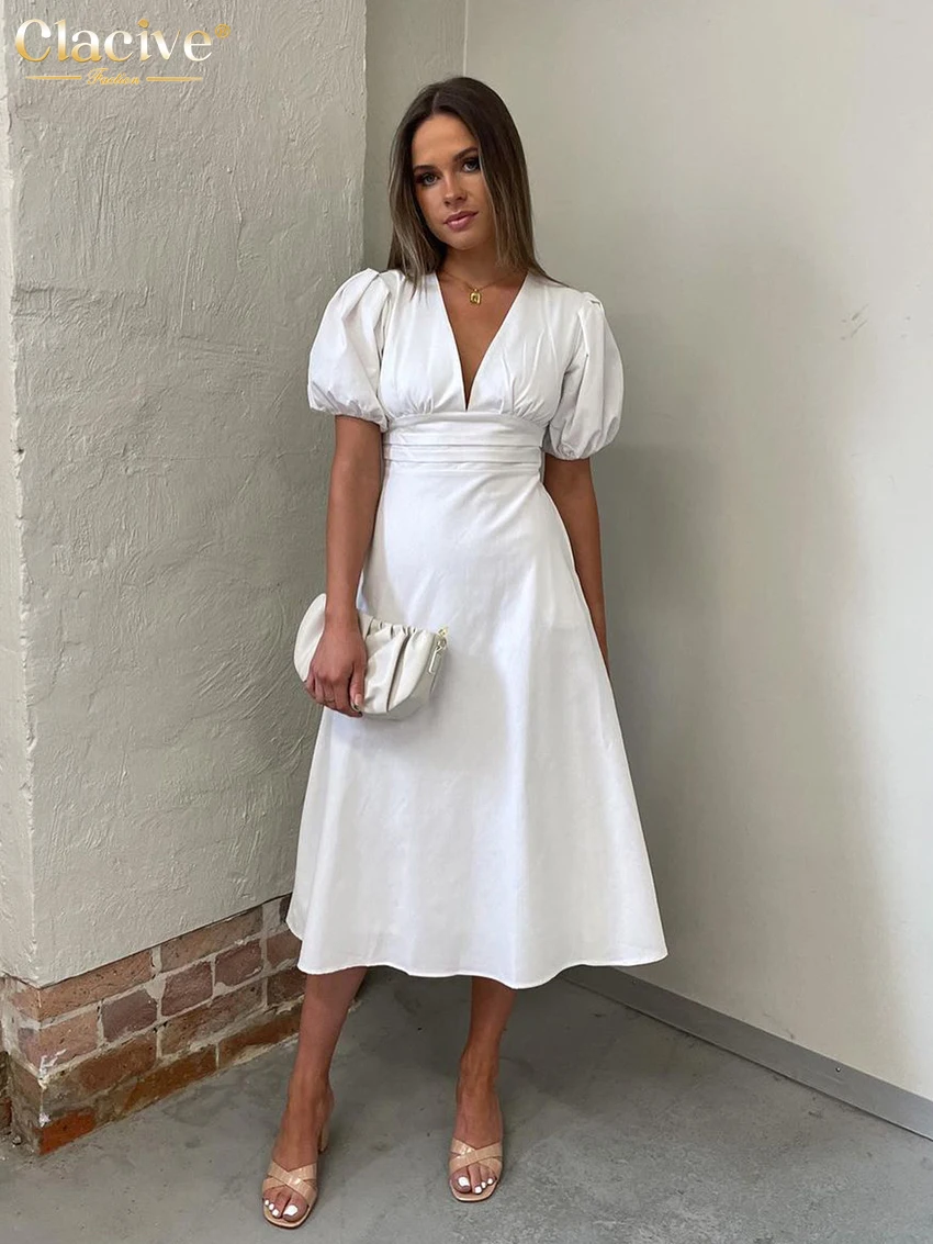 

Clacive Bodycon V-Neck White Dress Woman Summer Sexy Puff Sleeve Midi Dresses Elegant Slim High Waist Classic Female Dress 2022