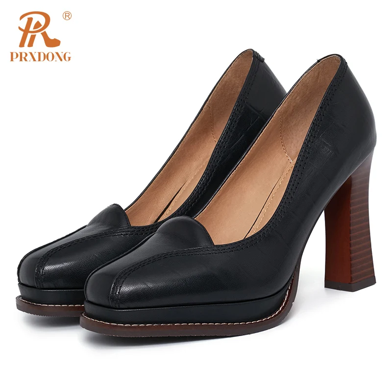 PRXDONG Women\'s Shoes New 2023 Classics Genuine Leather High Heels Platform Black Brown Dress Office Lady Retro Pumps Size 34-39