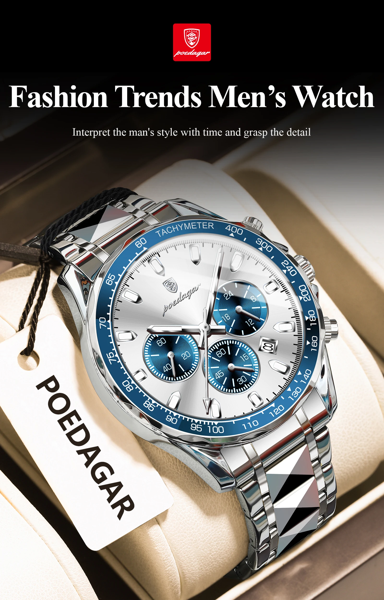 POEDAGAR Luxus Marke Männer Uhr Wasserdicht Leucht Edelstahl herren Uhren Chronograph Datum Quarz Business Uhr Für Mann – Detail 15