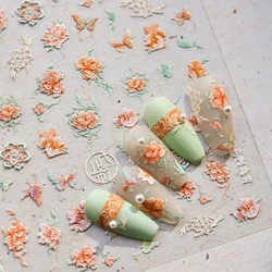 Retro Peony Butterfly Embroidery Effect Chinese Flower King Soft Relief Embossed Self Adhesive Nail Art Stickers Manicure Decals
