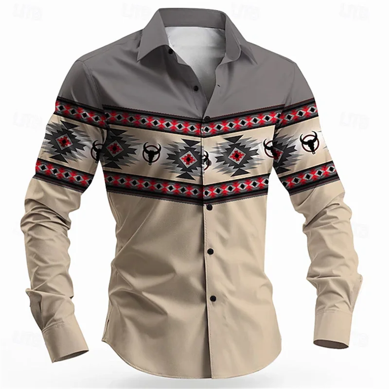 

Мужская рубашка с длинными рукавами, рубашка с геометрическим узором в западном этническом стиле, винтажная мужская рубашка с лацканами с длинными рукавами.