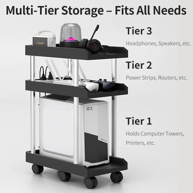 Adjustable Height Mobile CPU Stand Printer Shelf With Wheels Strong Load Capacity For Desktop Computer Tower Printer Office Use