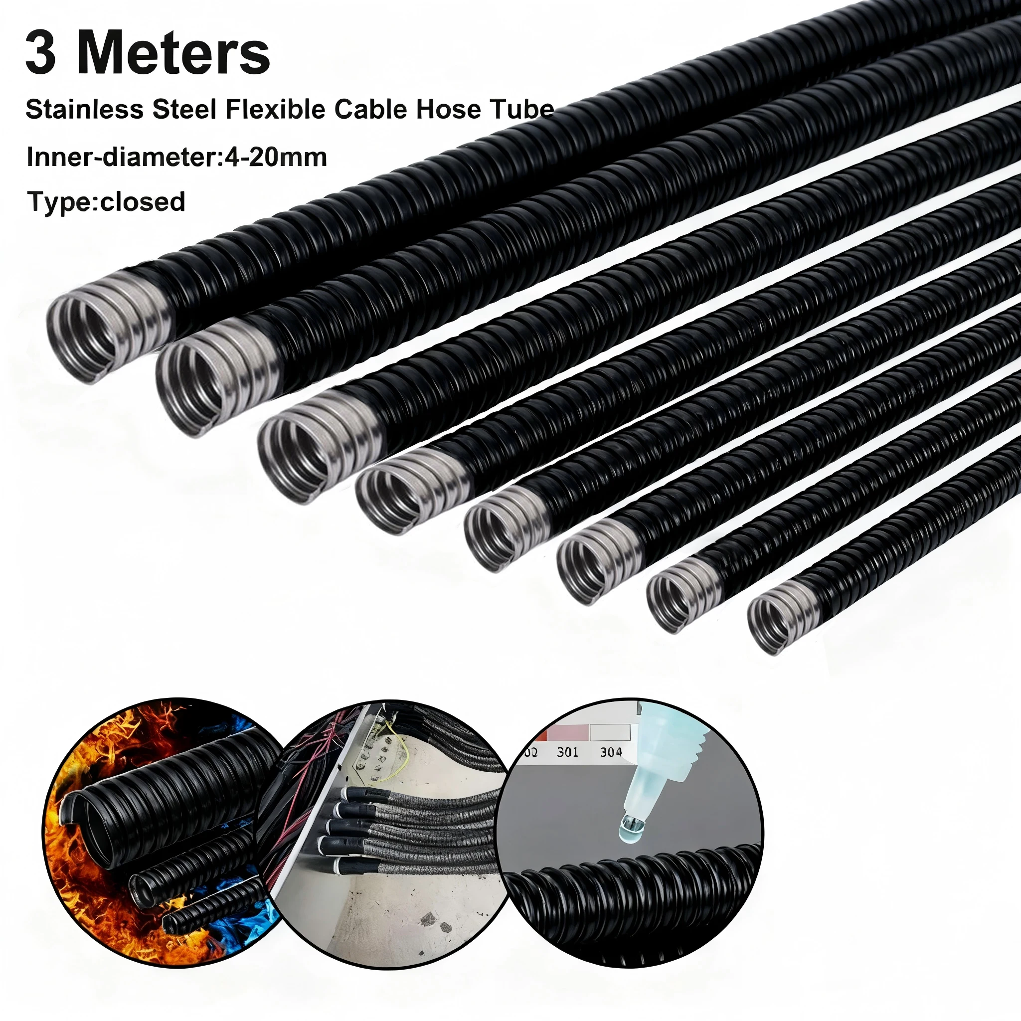 4mm-20mm Flexible Metal Conduit 3 Meters Liquid Tight PVC Coated 304 Steel Corrugated Tube for Indoor Outdoor Cable Protection