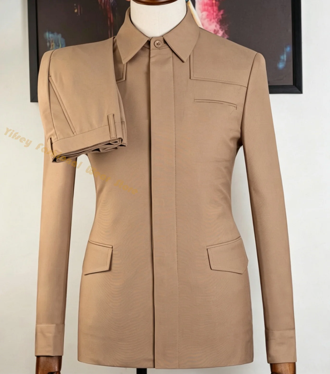 Khaki Envelope Pocket Design Jacket Pant Tailored Blazer Trousers Men Suit Set Wedding Custom Daily Male Coat Outfits Party Wear