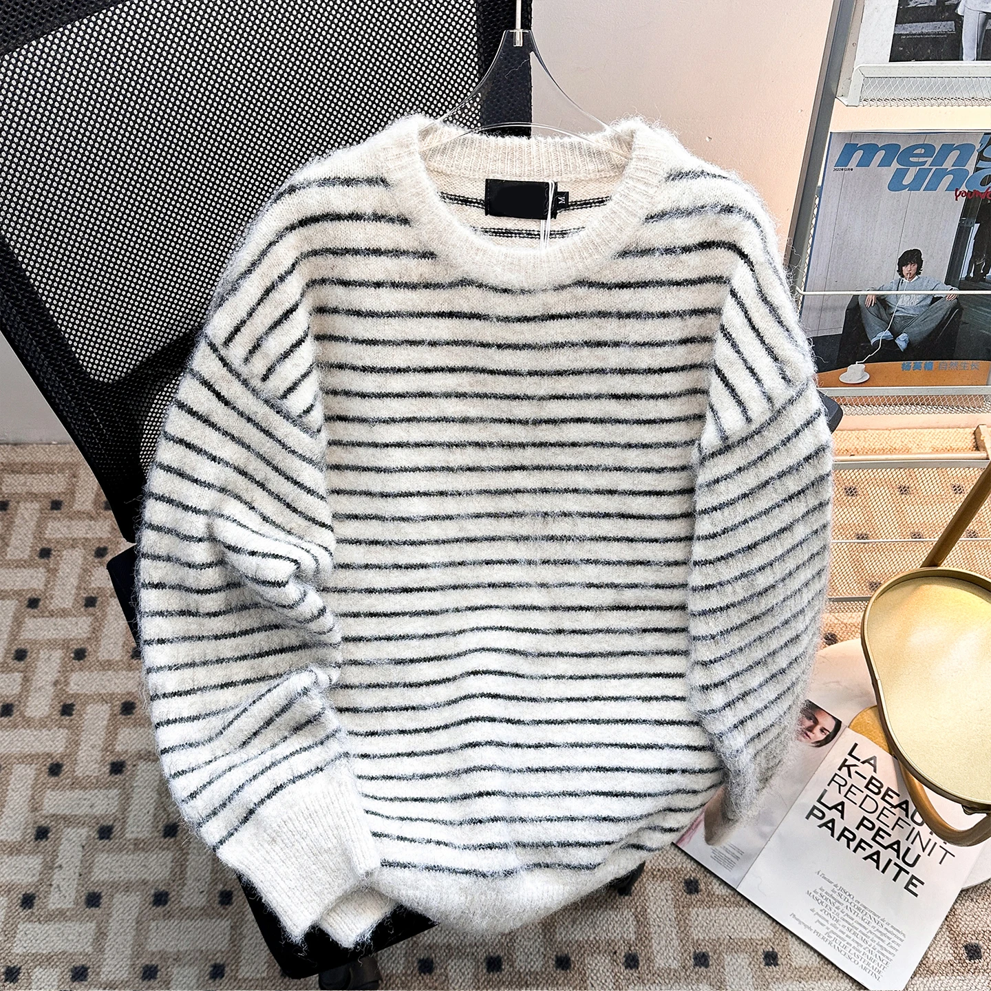 

Retro American Sle Thiened Warm round Ne Knitted Sweater Men's Fake Fur Coat Autumn Winter Casual Inner Wear Striped Top