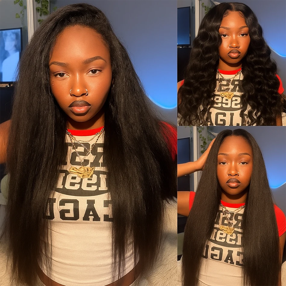 

250 Density Kinky Straight Half Wigs Human Hair 3 In 1 Drawstring Flip Over Half Wig With Black Brazilian Hair Wig For Women