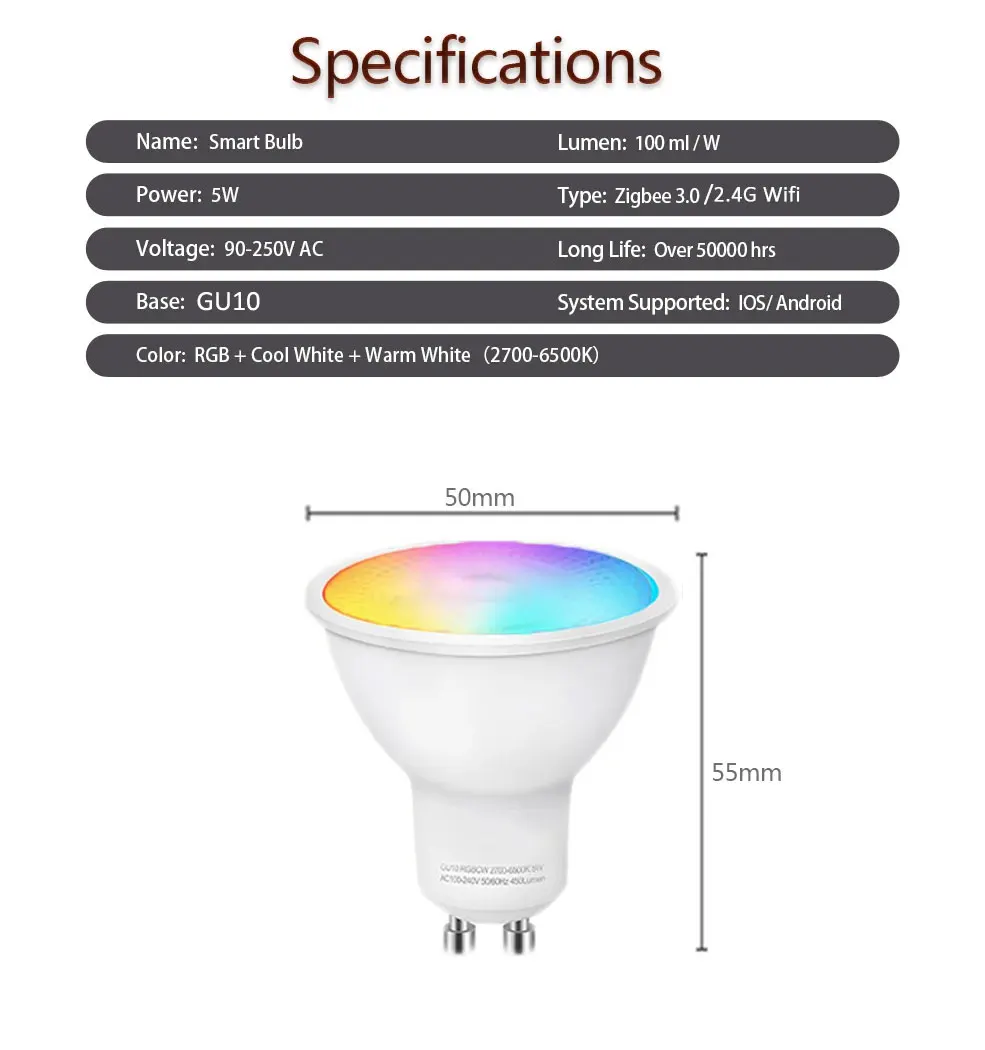 Inteligentna żarówka LED WiFi Zigbee GU10 ściemnialna lampa Led RGBCW do aplikacji Ewelink Alexa Google Home Yandex Smartthings