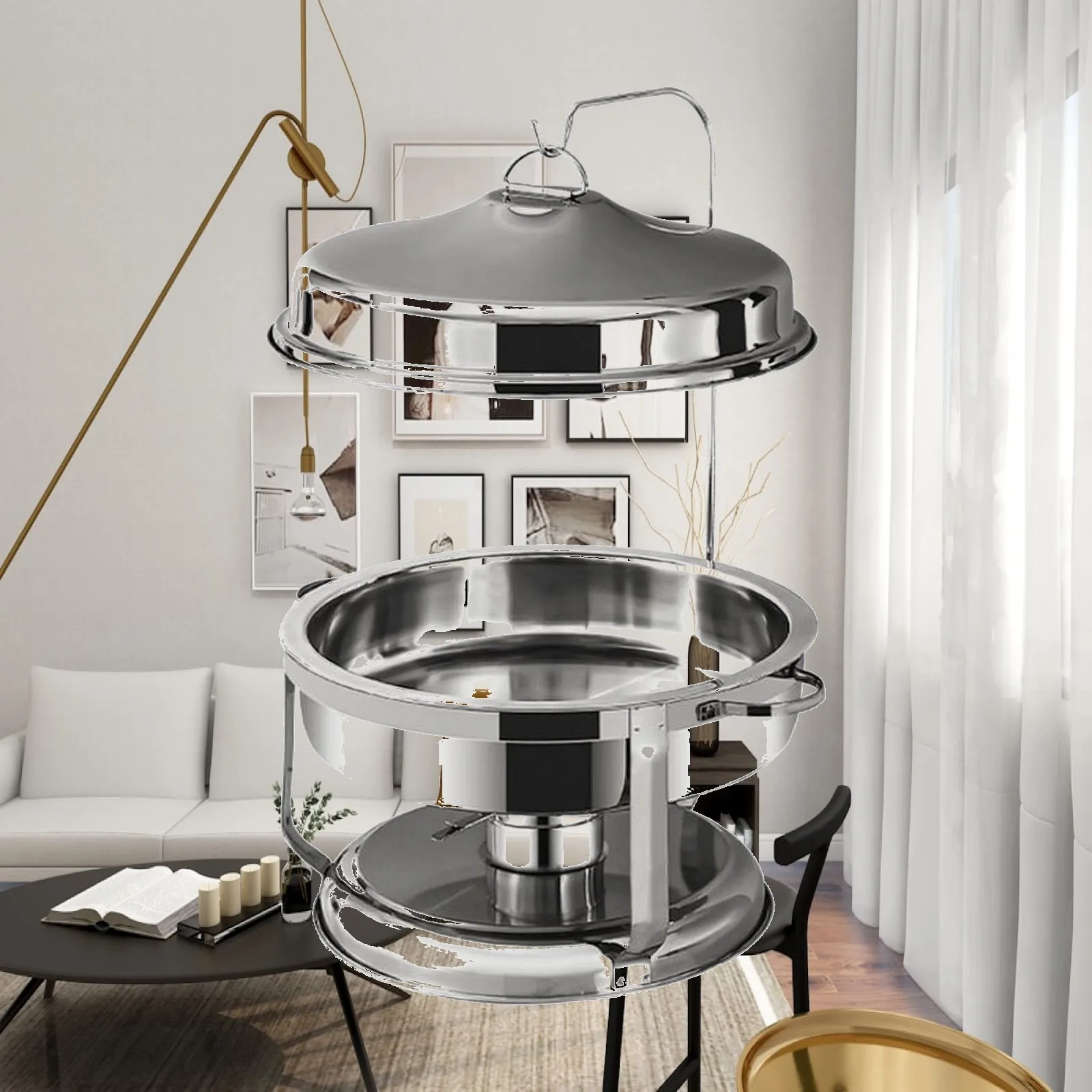 Round Chafing Dish with Dome Lid Portable Buffet Warmer with Hinged Lid Lid Chafing Dish with Stand Rust Resistant Chafer