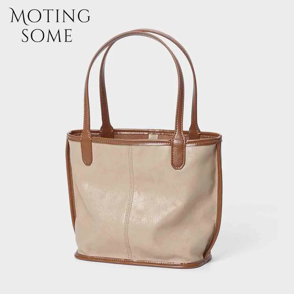 Motingsome Minimalism Mini Shoulder Handbag Leather Women Bag Fashionable Lady Small Bucket Vacation Holiday Pouch Tote 2024 New