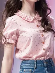 Peppermint Mambo pink shirt girl doll collar shirt 2024 summer new short-sleeved loose temperament foreign style small shirt