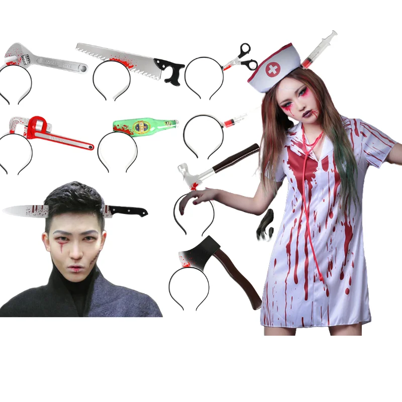 

Реквизит для косплея, повязка для волос на Хэллоуин, головной убор, реалистичный через голову, поддельный кухонный нож, ножницы, гаечный ключ, пила, топор, молоток