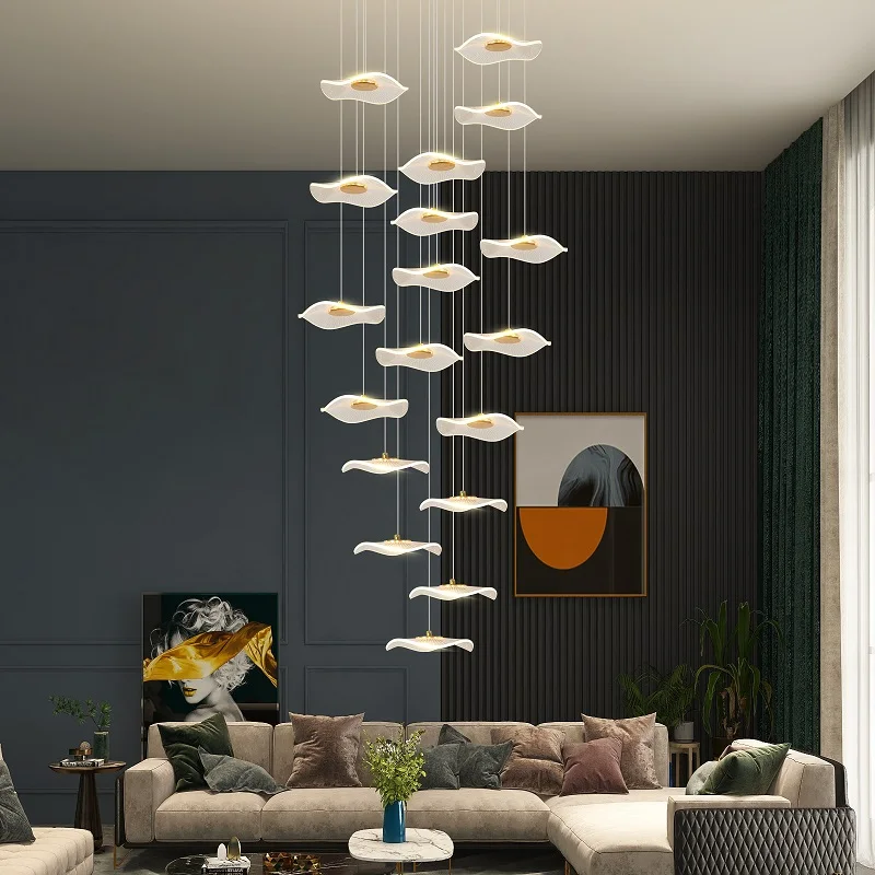 Modern LED Lotus Leaf Shaped Ceiling Chandelier Lobby Living Room Stairs Loft Pendant Lights Creative Golden Decor Hanging Lamp