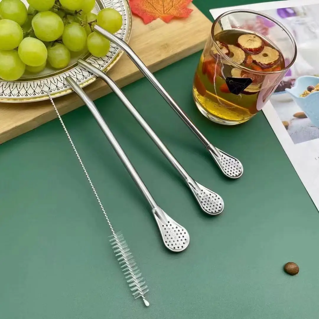 

200Pcs Wholesale 304 Stainless Steel Straw Spoon Gold-plated Filter Drink Stirring Straw Spoon Long aor Short Straw spoon