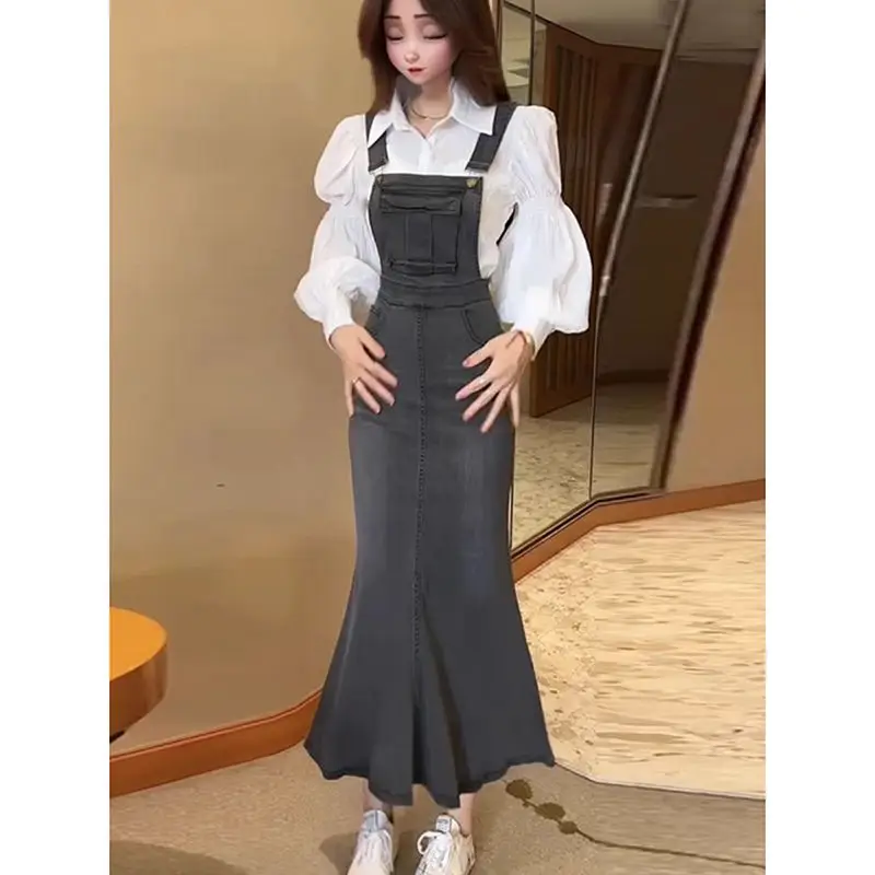 Women French Vintage Denim Overall Mermaid Dress White Shirts 2 Piece Set Spring Autumn Lady Graceful Lantern Blouse Jeans Suit