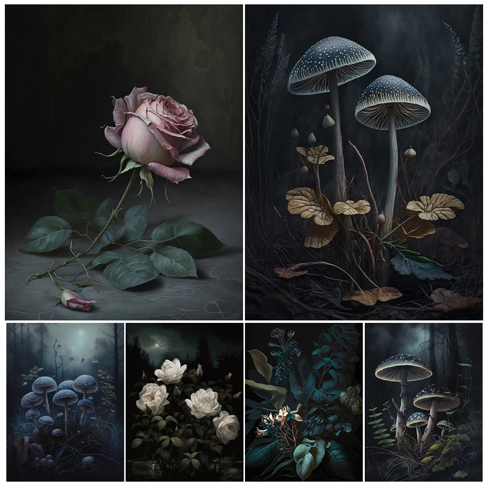 Dark Botanical Floral Wall Art Canvas Painting,Dark Mushroom Minimal  Moody Plant Art Poster And Print Home Decoration Unframed