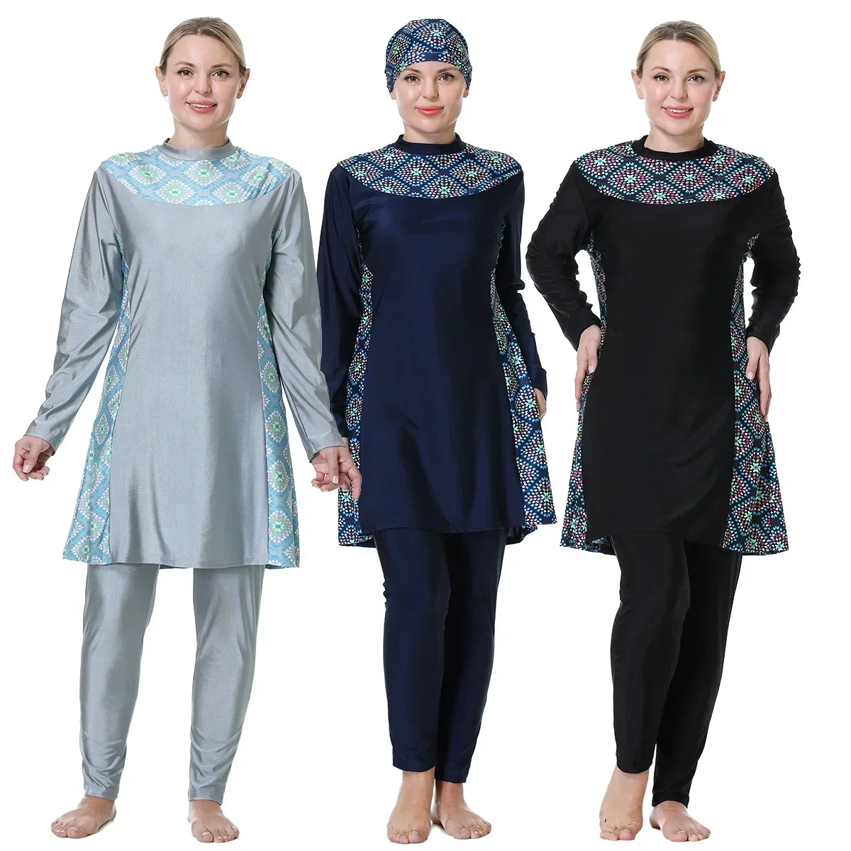 3Pcs Sets Print Muslim Swimwear Women Long Sleeve+Tops Hat+Pants Swimsuit Khimar Dubai Turkey Islam Clothing Burkini Mujer 8XL