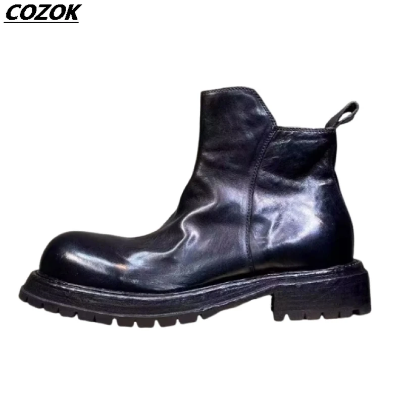 Wash water to make old leather boots top quality horse leather luxury designer shoes sole 5cm large cowhide pressed