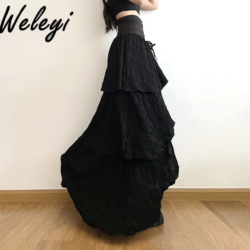 High Waist Bandage Black Long Skirt 2025 Spring and Autumn New Elegant Strap Pleated Split Fork Long A-line Cake Skirts Trendy