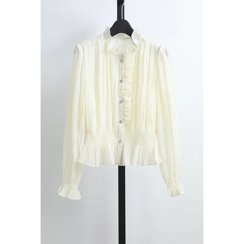 

Ele Versatile Elastic Waist Ruffle Collar Summer irt Women's High Waist Fit irt Cotton Blend Long Sve Slimming Top