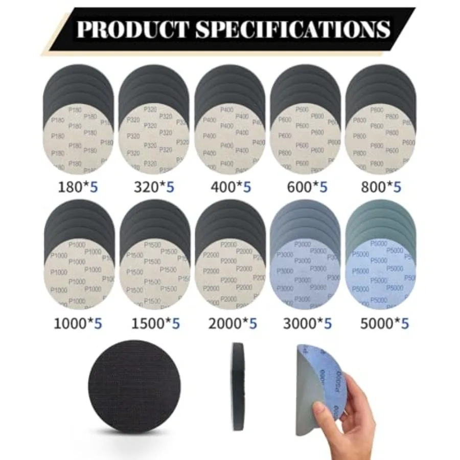 5 Inch 51pcs Wet Dry Sanding Discs Hook and Loop Foam Backing Pad, Waterproof Sandpaper Silicon Carbide for Random Orbital Sand