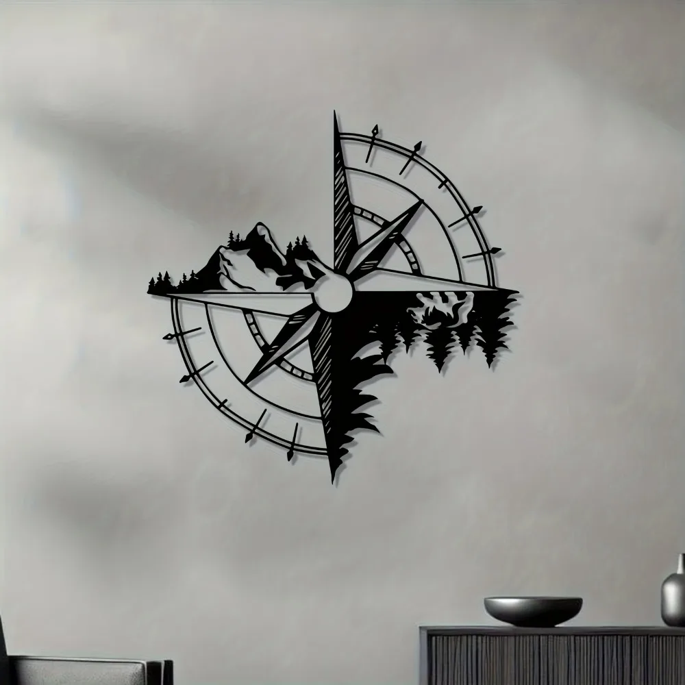 Compass Mountain Iron Metal Wall Art, Adventure Wall Decor for Living Room Bedroom, Travel Gift