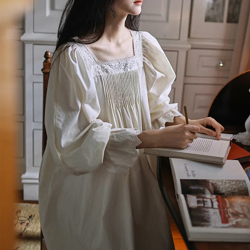 2024 Princess Vintage Long Nightgowns Women French Embroidery Square Collar Loose Nightdress Spring Full Sleeves Cotton Nightie