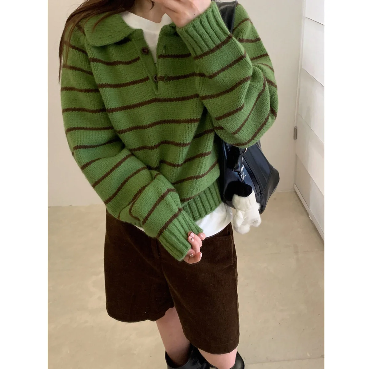 

Color Blocking Striped Lapel Half Button Pullover Sweater for Women's Autumn and Winter Loose Knit Sweater Top