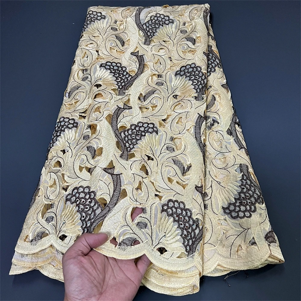 African Nigerian High Quality 2023  Embroidery Cotton Tulle Lace Fabric Wedding Party Golden Dress Damask Sequins 5Yard PS0010