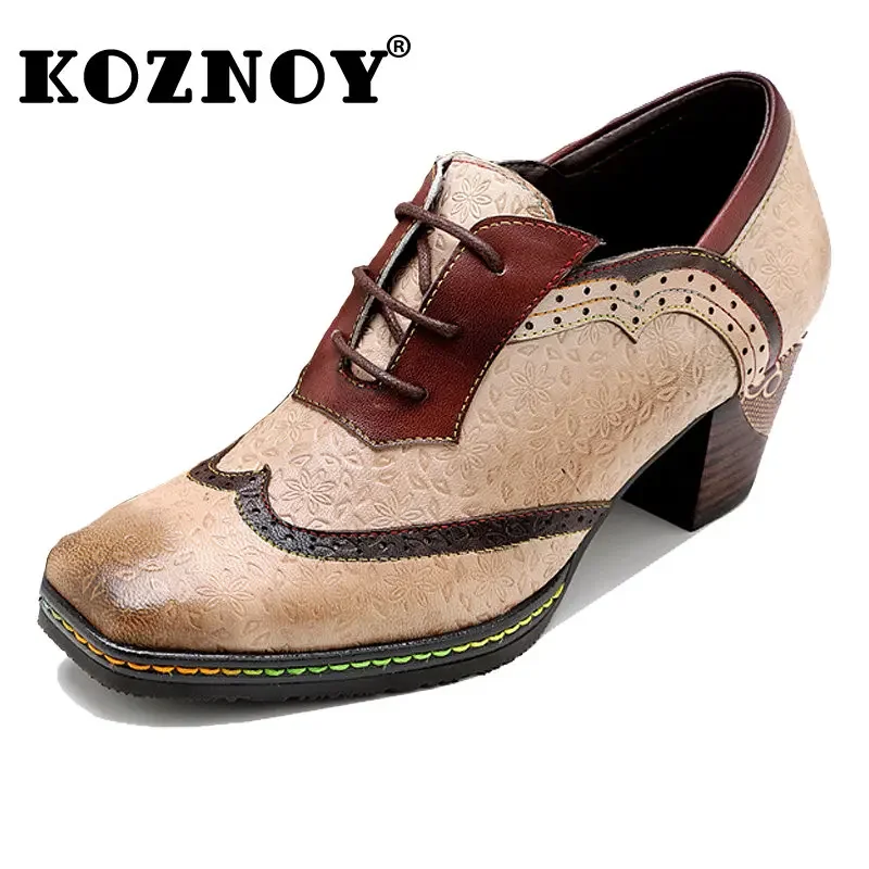 

Koznoy 5cm New Sheepskin Leather Ethnic Style Summer Women's Plus Size Pumps Embossed Flower Luxury Elegant Females Retro Shoes