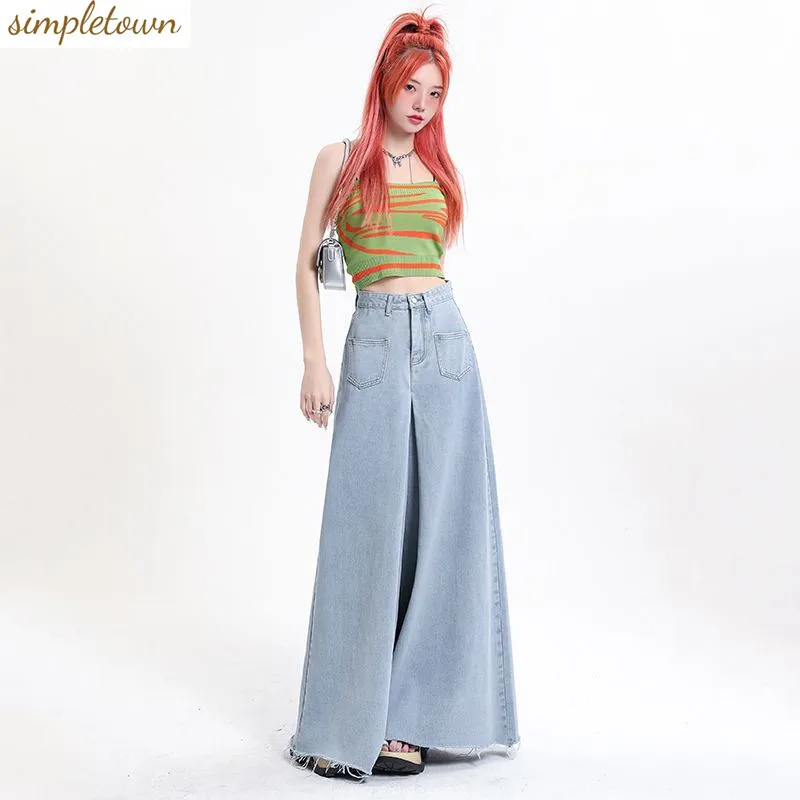 

Light Blue Wide Leg Jeans for Women's 2024 Summer High Waisted Loose Fitting Hong Kong Style Fashion Design Straight Leg Pants