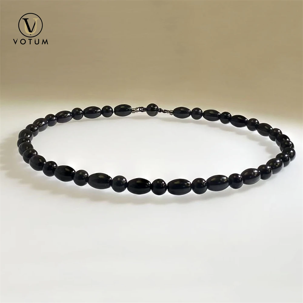 Votum Natural All Black Agate Short Choker Necklace for Women Lady Men Chakra Healing Yoga Stone Beaded Neckalces Gift Jewelry