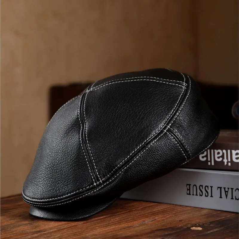 leather hats men's octagonal fashionable and casual front warm sheepskin berets headwear