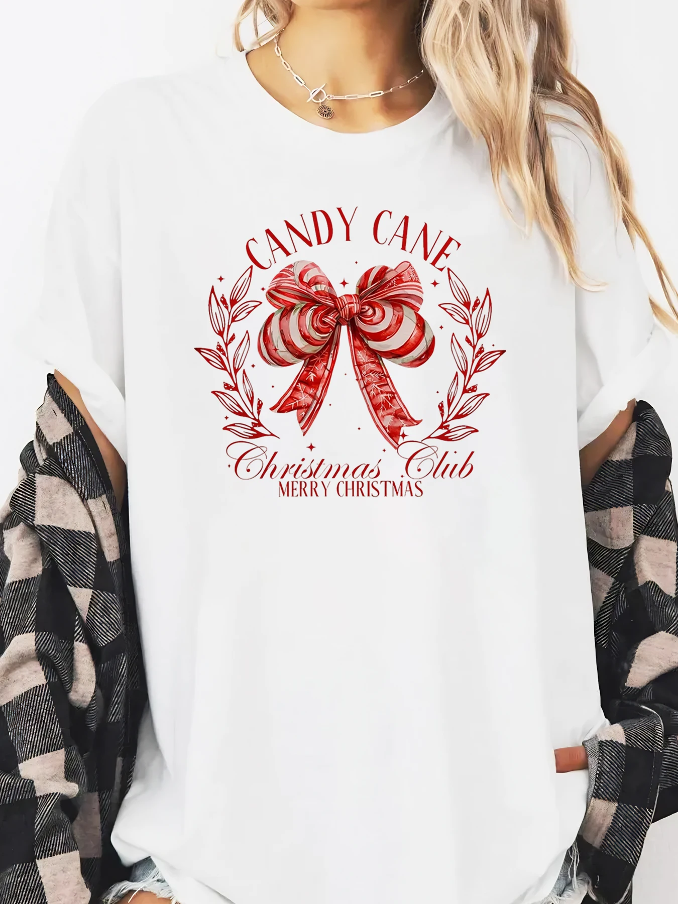 

Candy Cane Christmas Club Merry Christmas Print Long Sleeve T-Shirt Women Holiday Party Casual Wear White Plus-size